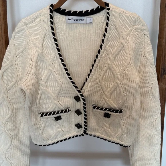Self-Portrait Ivory Cardigan with Black Accents